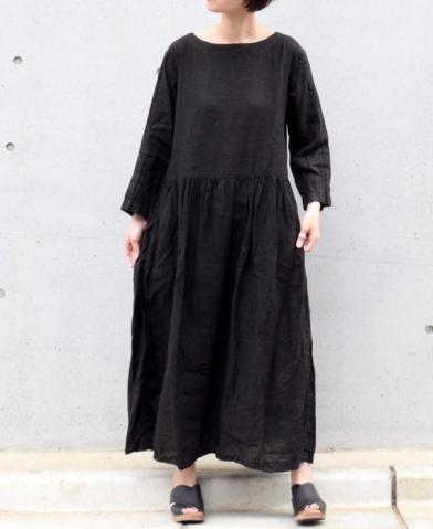 ARMEN 〜LINEN PLAIN BOAT NECK L/SL ONE-PIECE〜