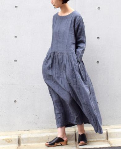 ARMEN 〜LINEN PLAIN(OVER DYE) BOAT NECK L/SL ONE-PI…