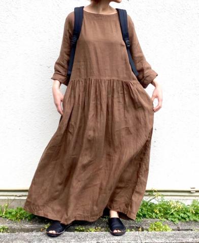 ARMEN 〜LINEN PLAIN BOAT NECK L/SL ONE-PIECE〜