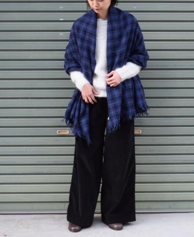 SOIL 〜 BOILED WOOL 2TONE CHECK STOLE #BLUE/NAVY 〜