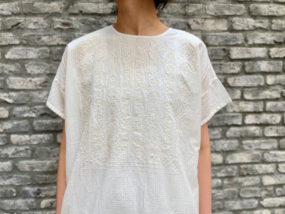 専用 美品 メゾンドソイル　オーガニックスモールチェック刺繍バックオープンシャツ maison de soil メゾンドソイル オーガニックスモールチェック