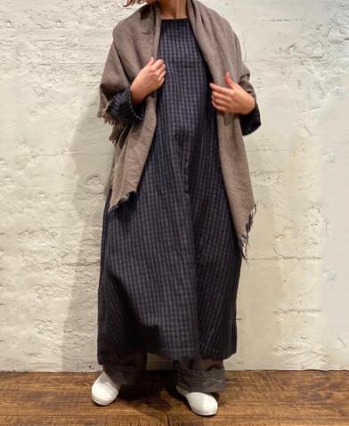 SOIL 〜WOOL LINEN CHECK BACK SIDE GATHERED DRESS 〜