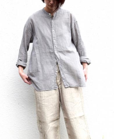 ARMEN 〜GAUZE STRIPE DYE UTILITY BANDED COLLAR SHIR…