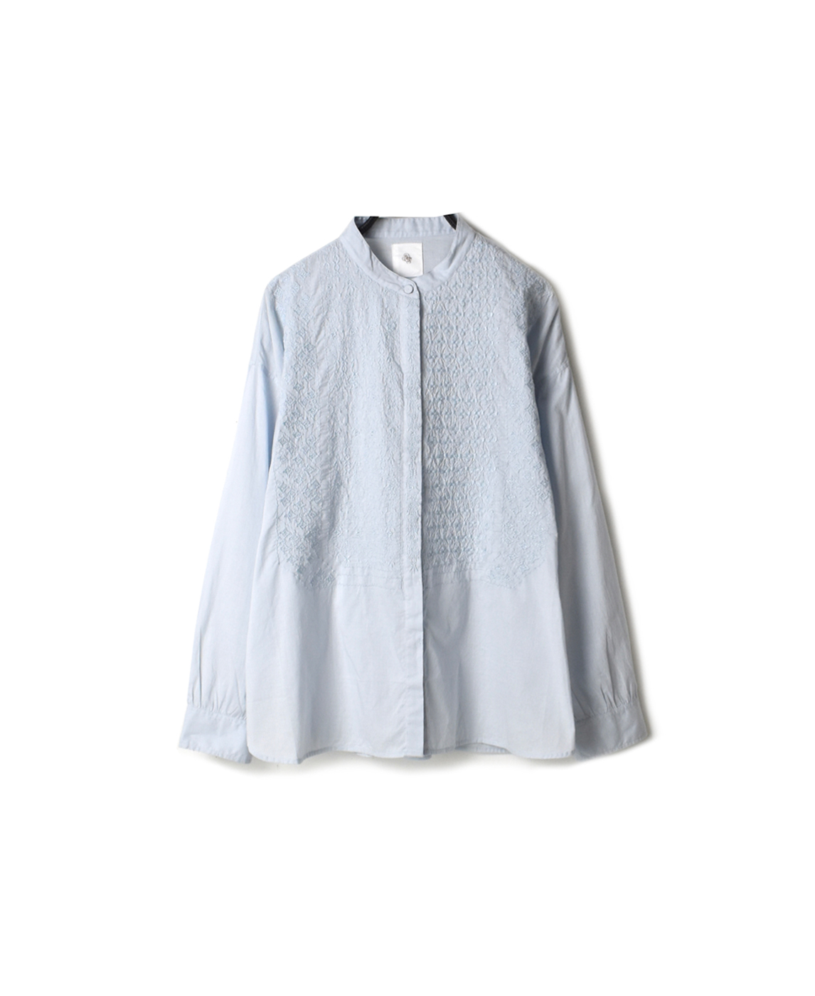 NMDS20061 ORGANIC CAMBRIC BANDED COLLAR EMB SHIRT