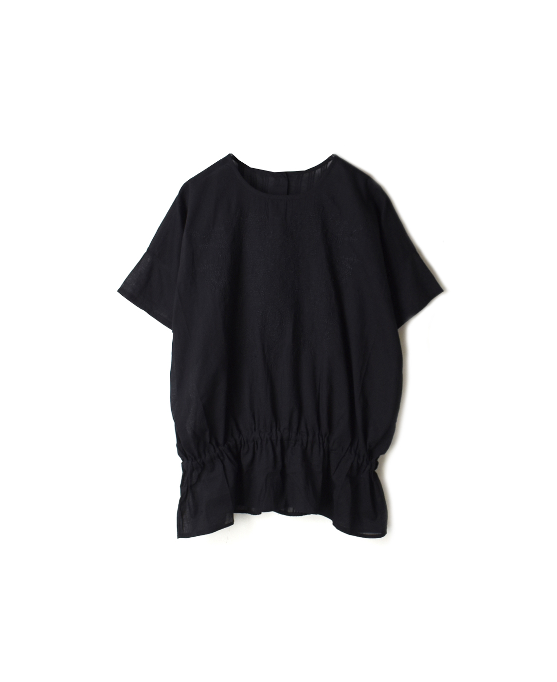 NMDS20082 ORGANIC VOILE BACK PINTUCK CREW-NECK EMB SHIRT