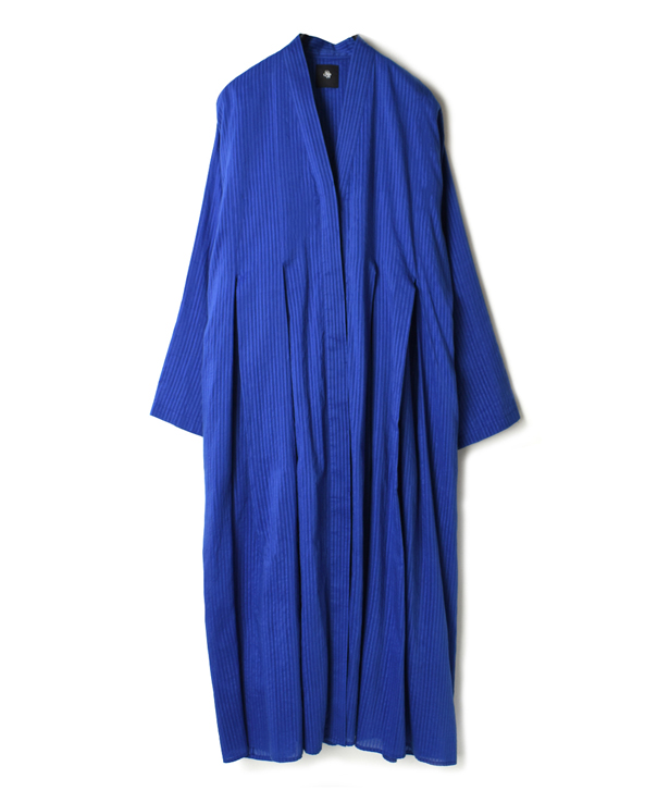 INMDS20133 HAND WOVEN COTTON SILK STRIPE INVERTED PLEAT V-NECK DRESS