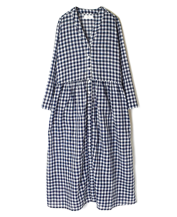 NSL20054 FANCY GINGHAM CHECK V-NECK GATHERED DRESS