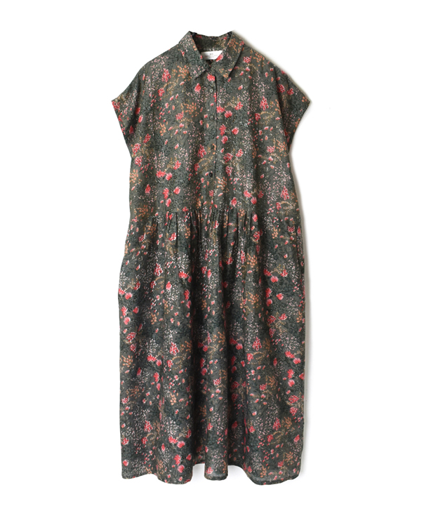 NSL20063 COTTON/SILK FLOWER PRINT FRENCH/SL GATHERED DRESS