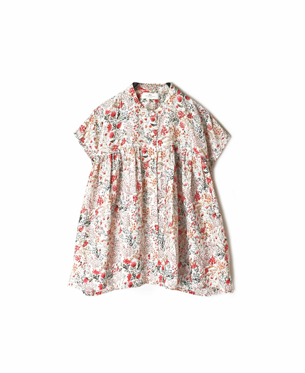 NSL20062 COTTON/SILK FLOWER PRINT BANDED COLLAR GATHERED SHIRT