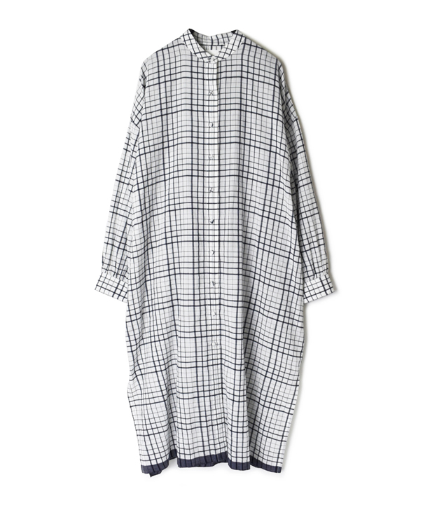 INMDS20114 100’S KHADI CHECK WITH SELVAGE BANDED COLLAR MAXI SHIRT