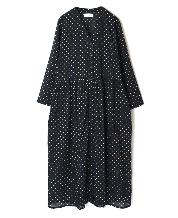 NSL20024 VOILE DOT V-NECK GATHERED DRESS