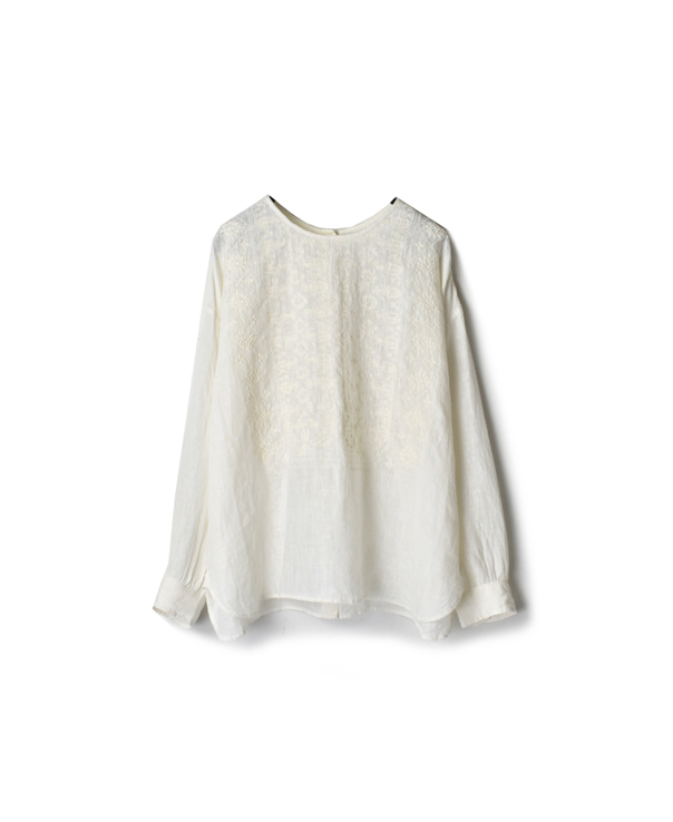NMDS20021 80’S POWER LOOM LINEN WITH EMB BACK OPENING CREW-NECK EMB SHIRT