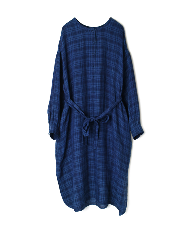 INMDS20203 80’S HAND WOVEN YARN DYED NATURAL INDIGO LINEN CHECK LONG HENLEY SHIRT DRESS