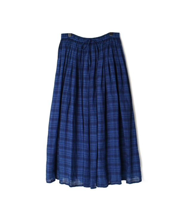 INMDS20205 80’S HAND WOVEN YARN DYED NATURAL INDIGO LINEN CHECK RAJASTHAN TUCK GATHERED SKIRT WITH LINING