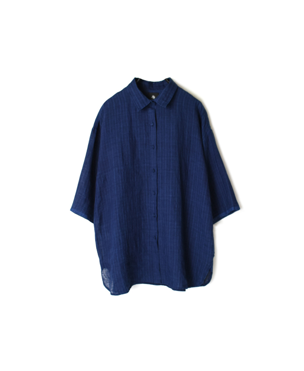 INMDS20192 80’S HAND WOVEN YARN DYED NATURAL INDIGO LINEN STRIPE REGULAR COLLAR S/SL SHIRT