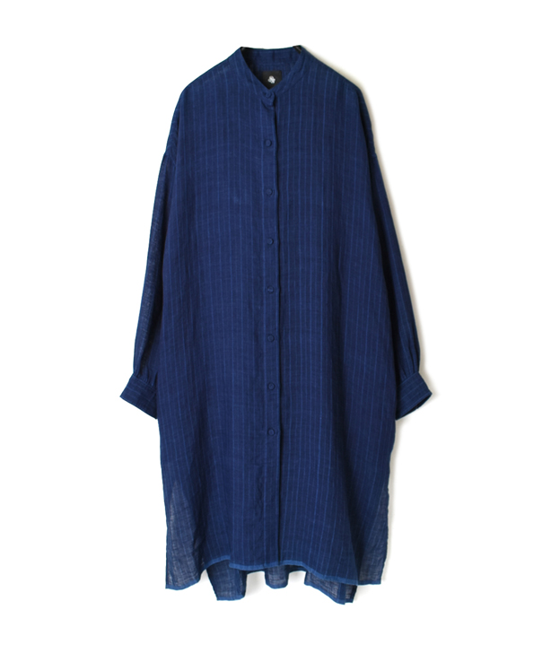INMDS20194 80’S HAND WOVEN YARN DYED NATURAL INDIGO LINEN STRIPE BANDED COLLAR BACK PINTUCK MAXI SHIRT