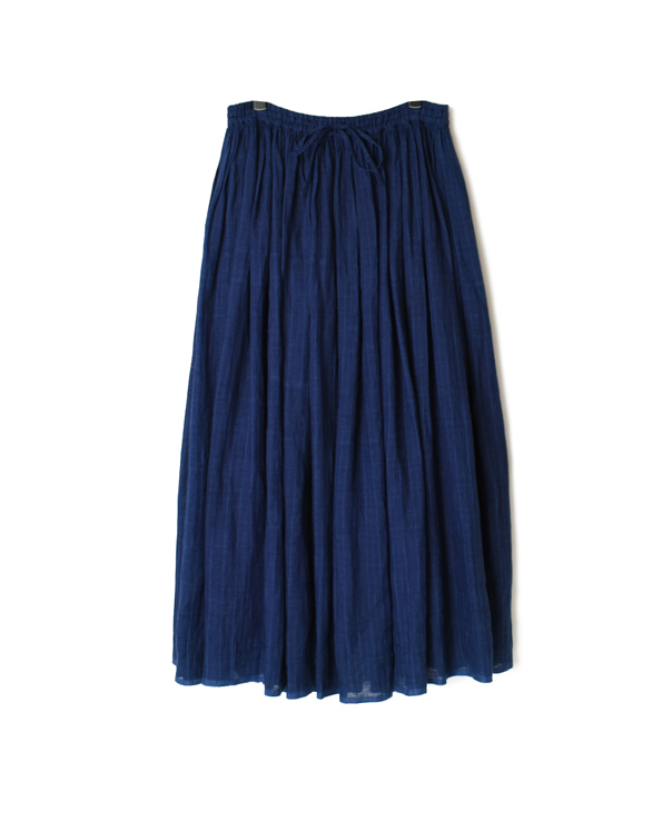 INMDS20195 80’S HAND WOVEN YARN DYED NATURAL INDIGO LINEN STRIPE RAJASTHAN TUCK GATHERED SKIRT WITH LINING