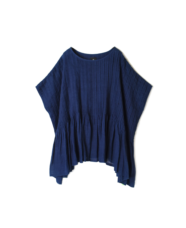 INMDS20183 80’S HAND WOVEN YARN DYED NATURAL INDIGO LINEN PLAIN RANDOM PLEATS PULLOVER