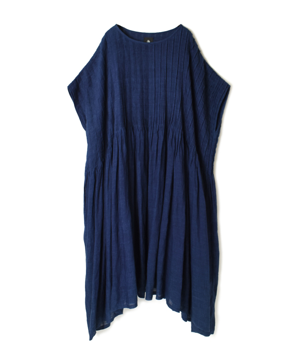 INMDS20184 80’S HAND WOVEN YARN DYED NATURAL INDIGO LINEN PLAIN RANDOM PLEATS DRESS