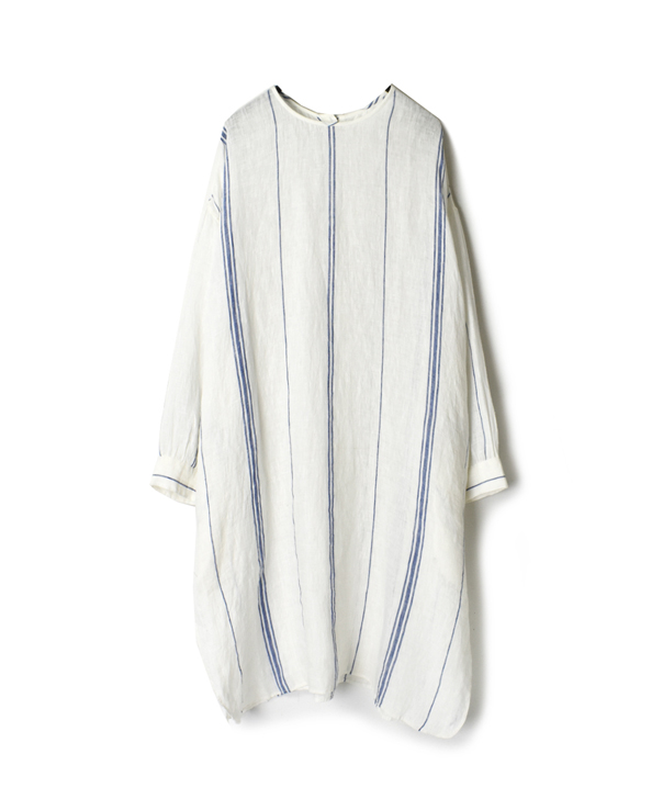 NMDS20032 80’S POWER LOOM LINEN RANDOM STRIPE BACK OPENING CREW-NECK SHIRT DRESS