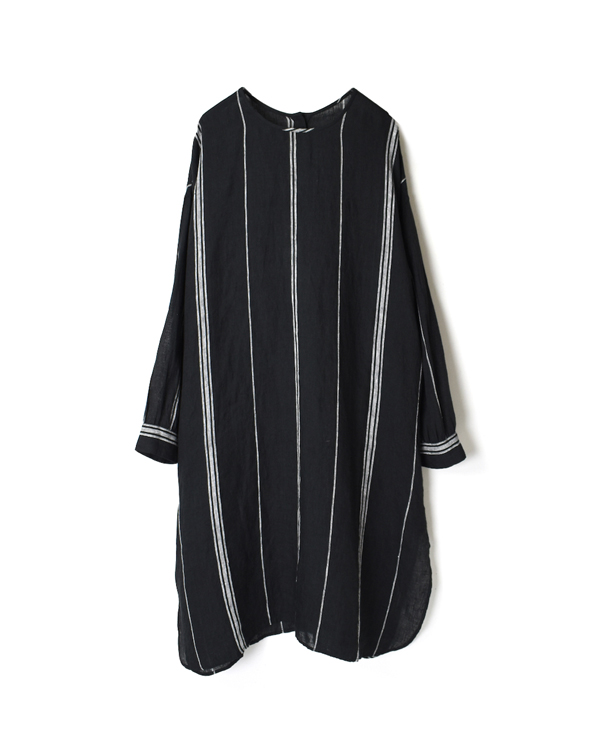 NMDS20032 80’S POWER LOOM LINEN RANDOM STRIPE BACK OPENING CREW-NECK SHIRT DRESS