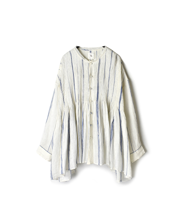 NMDS20034 80’S POWER LOOM LINEN RANDOM STRIPE LACE COLLAR SHIRT WITH MINI PINTUCK