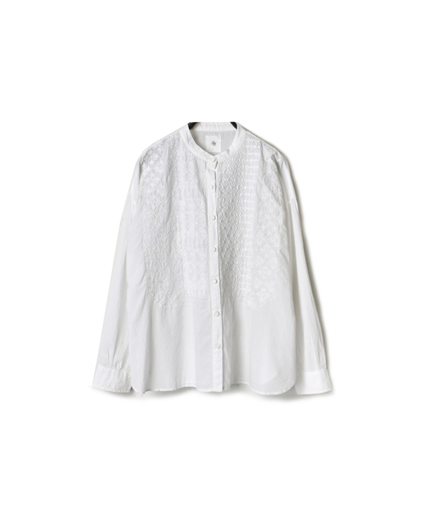 NMDS17161 60’S ORGANIC CAMBRIC BAND COLLAR EMB SHIRT