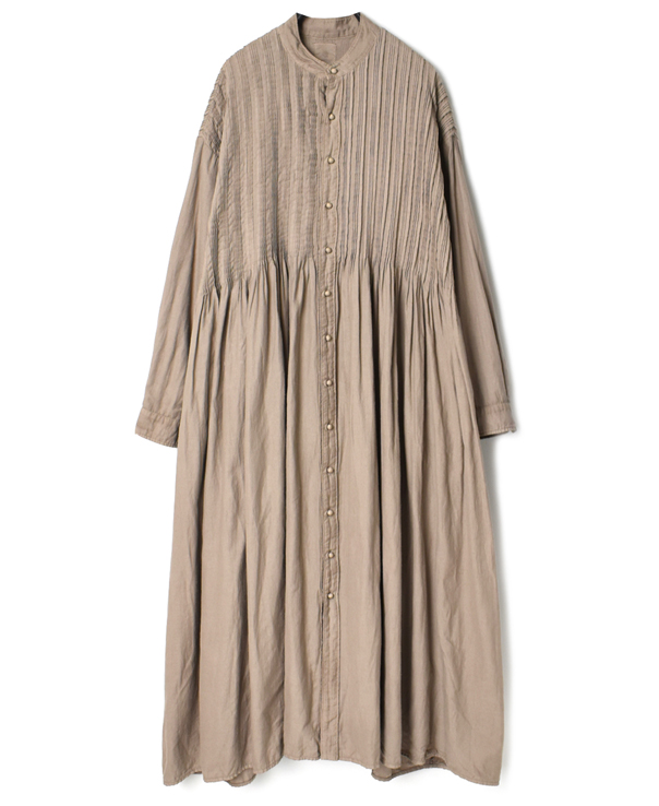 INMDS20703 TWILL COTTON KHADI(NATURAL DYED) BANDED COLLAR SHIRT DRESS WITH RANDOM PLEATS