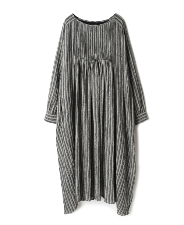 NMDS20573 BOILED WOOL HERRINGBONE STRIPE MINI PINTUCK CREW-NECK L/SL DRESS WITH LINING