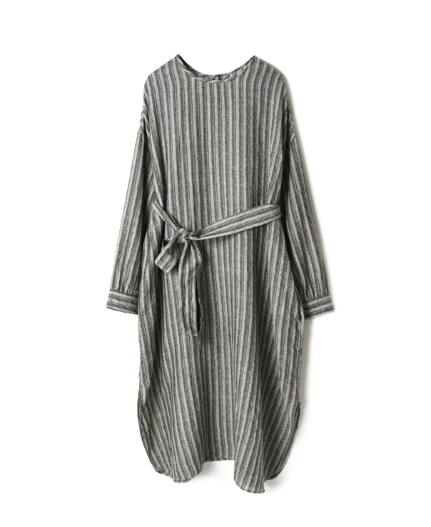 NMDS20572 BOILED WOOL HERRINGBONE STRIPE BACK OPENING CREW-NECK SHIRT DRESS