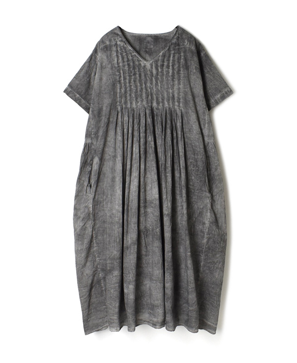 NMDS20072H 80’S ORGANIC VOILE PLAIN INVERTED PLEAT V-NECK S/SL DRESS WITH LINING (HANDDYED)