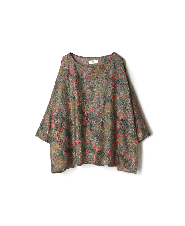 NSL21051 COTTON SILK FLOWER PRINT BANDED COLLAR GATHERED SMOCK