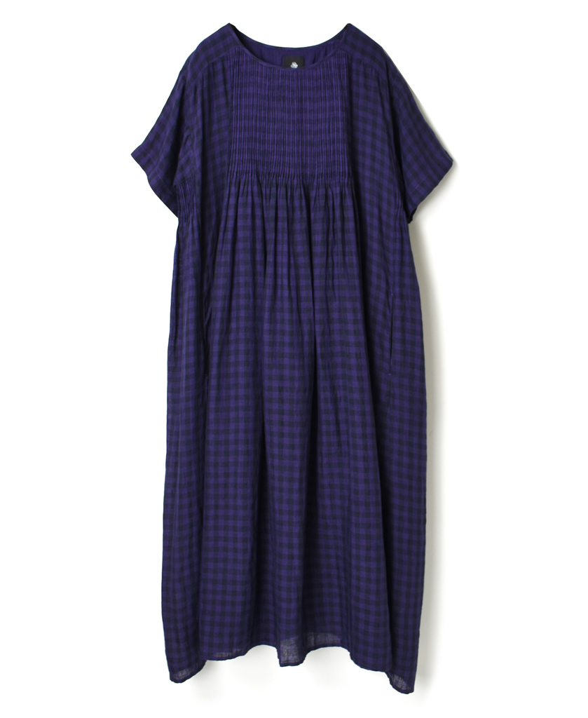 NMDS21163 80’S POWER LOOM LINEN GINGHAM CHECK MINI PINTUCK CREW-NECK S/SL DRESS WITH LINING