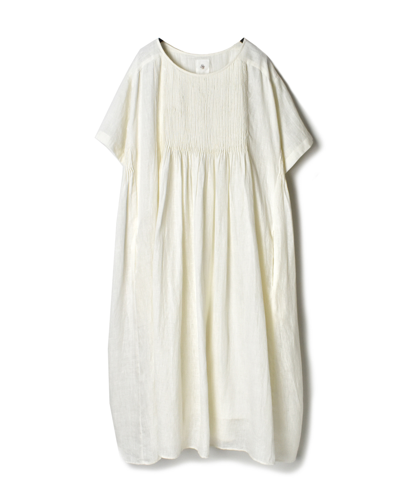 NMDS21143 80’S POWER LOOM LINEN PLAIN MINI PINTUCK CREW-NECK S/SL DRESS WITH LINING