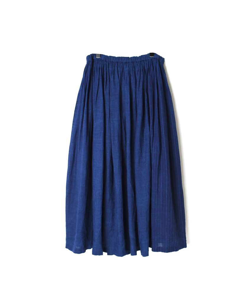 INMDS21014CB 80’S HANDWOVEN NATURAL INDIGO LINEN PATCHWORK RAJASTHAN TUCK GATHERED SKIRT