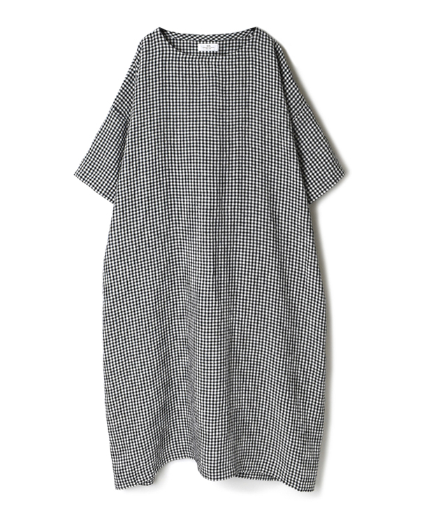 INSL21212 60’S POWER LOOM LINEN CHECK BACK SIDE GATHERED DRESS