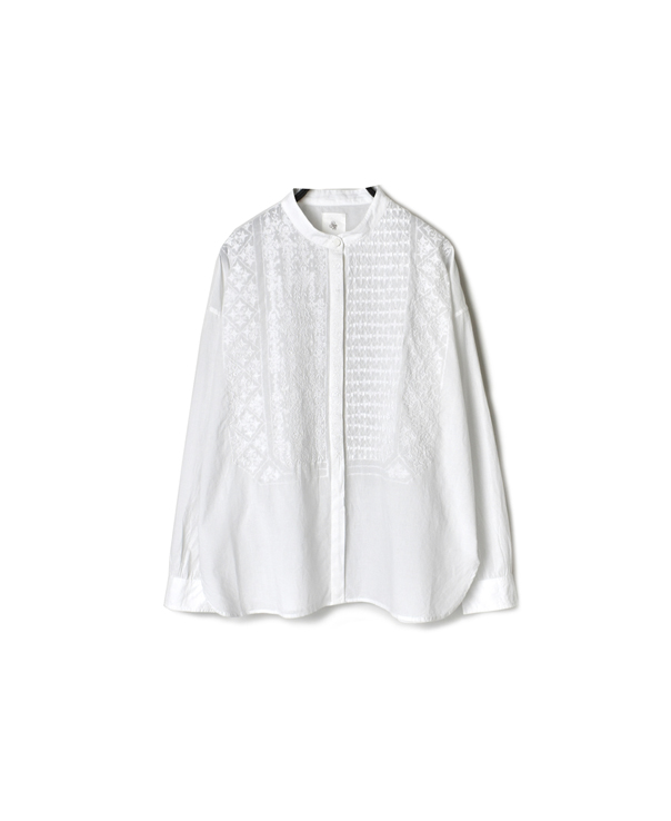 NMDS20061 ORGANIC CAMBRIC BANDED COLLAR EMB SHIRT