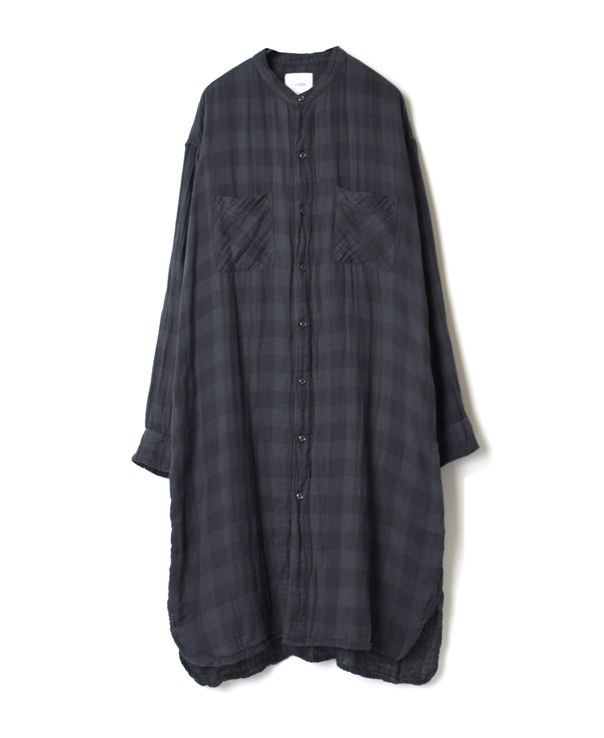 INAM1972DGD DOUBLE GAUZE OVER DYED CHECK UTILITY BANDED COLLAR LONG SHIRT