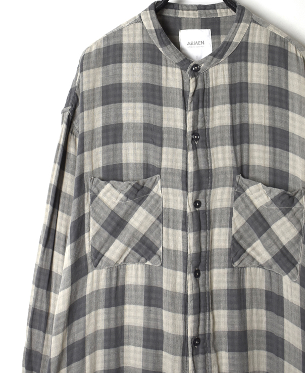 INAM1972DGD DOUBLE GAUZE OVER DYED CHECK UTILITY BANDED COLLAR LONG SHIRT