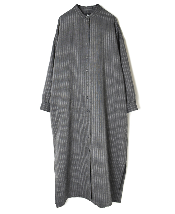 INMDS21722 WOOL STRIPE BANDED COLLAR BACK PLEATS MAXI SHIRT