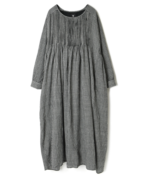 NMDS21533 BOILED WOOL GINGHAM CHECK MINI PINTUCK CREW-NECK L/SL DRESS WITH LINING