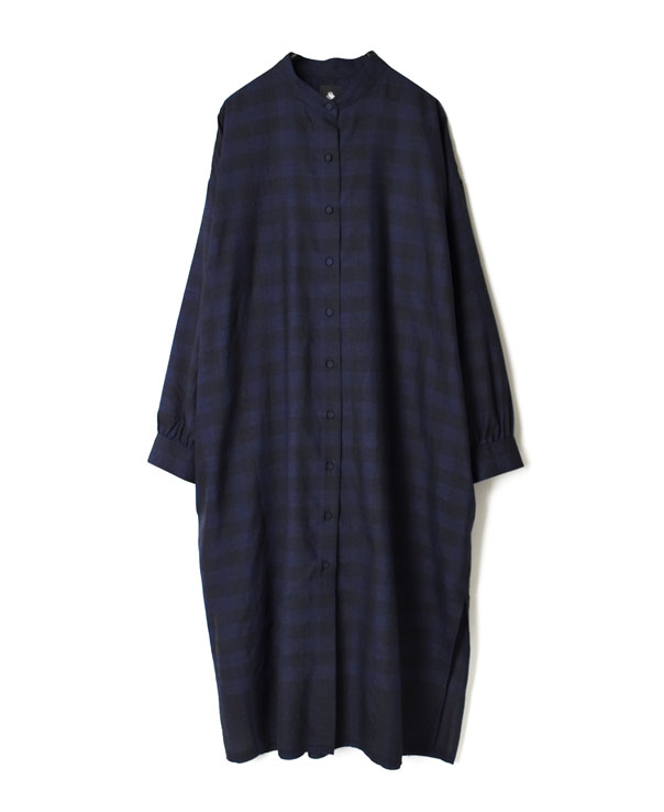 INMDS21792 WOOL SILK GINGHAM CHECK BANDED COLLAR BACK PLEATS MAXI SHIRT