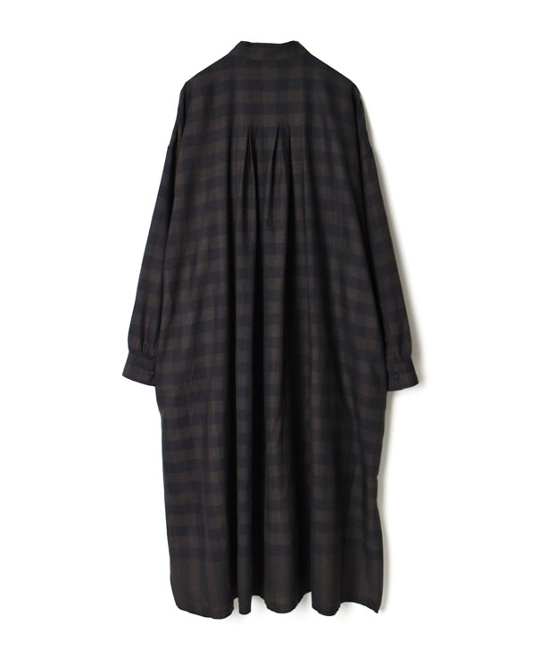 INMDS21792 WOOL SILK GINGHAM CHECK BANDED COLLAR BACK PLEATS MAXI SHIRT