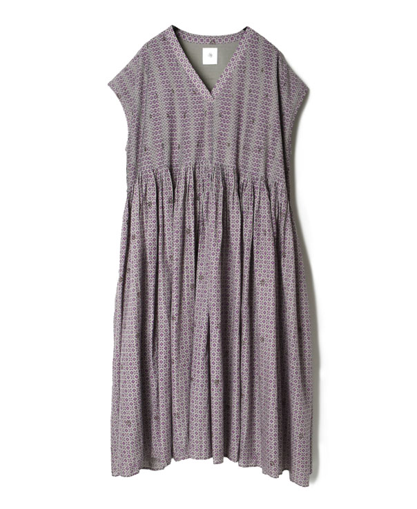 INMDS22043 80’S VOILE SMALL FLOWER BLOCK PRINT V-NECK FRENCH/SL PULLOVER DRESS WITH MINI PINTUCK
