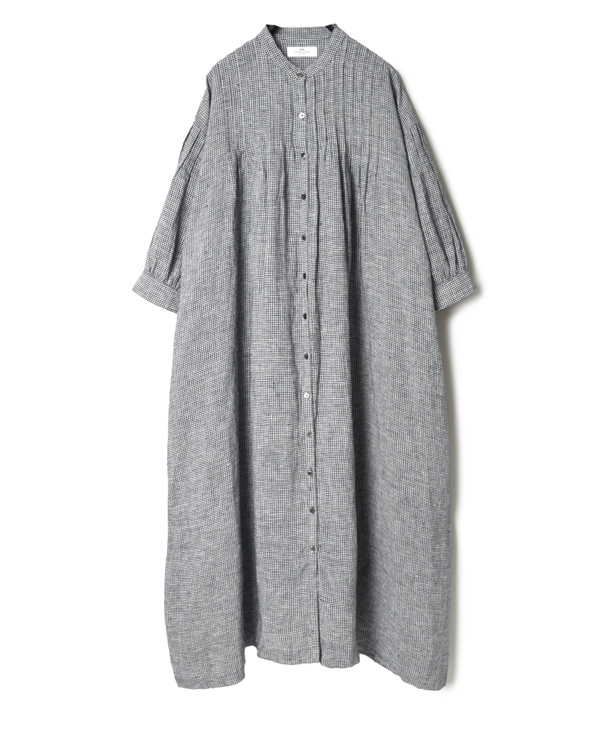 INSL22214 60’S POWER LOOM LINEN MINI GINGHAM CHECK BANDED COLLAR 3/4 SLEEVE PINTUCK DRESS