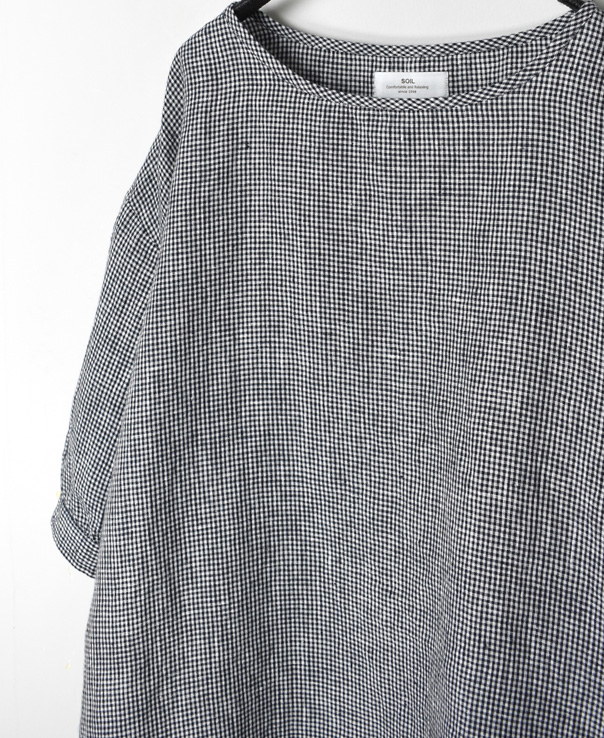 INSL22211 (ブラウス) 60'S POWER LOOM LINEN MINI GINGHAM CHECK BOAT NECK PULLOVER