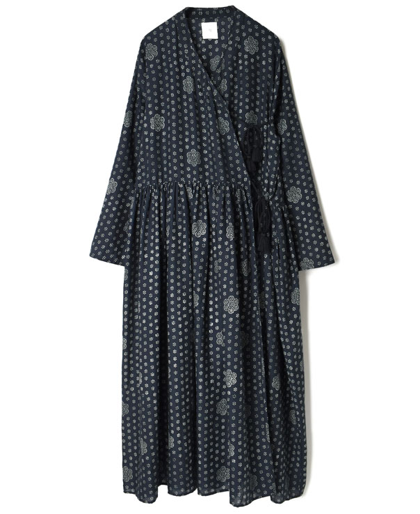 NMDS22173 (カシュクール) DOT FLOWER BLOCK PRINT GATHERED CACHE-COEUR DRESS