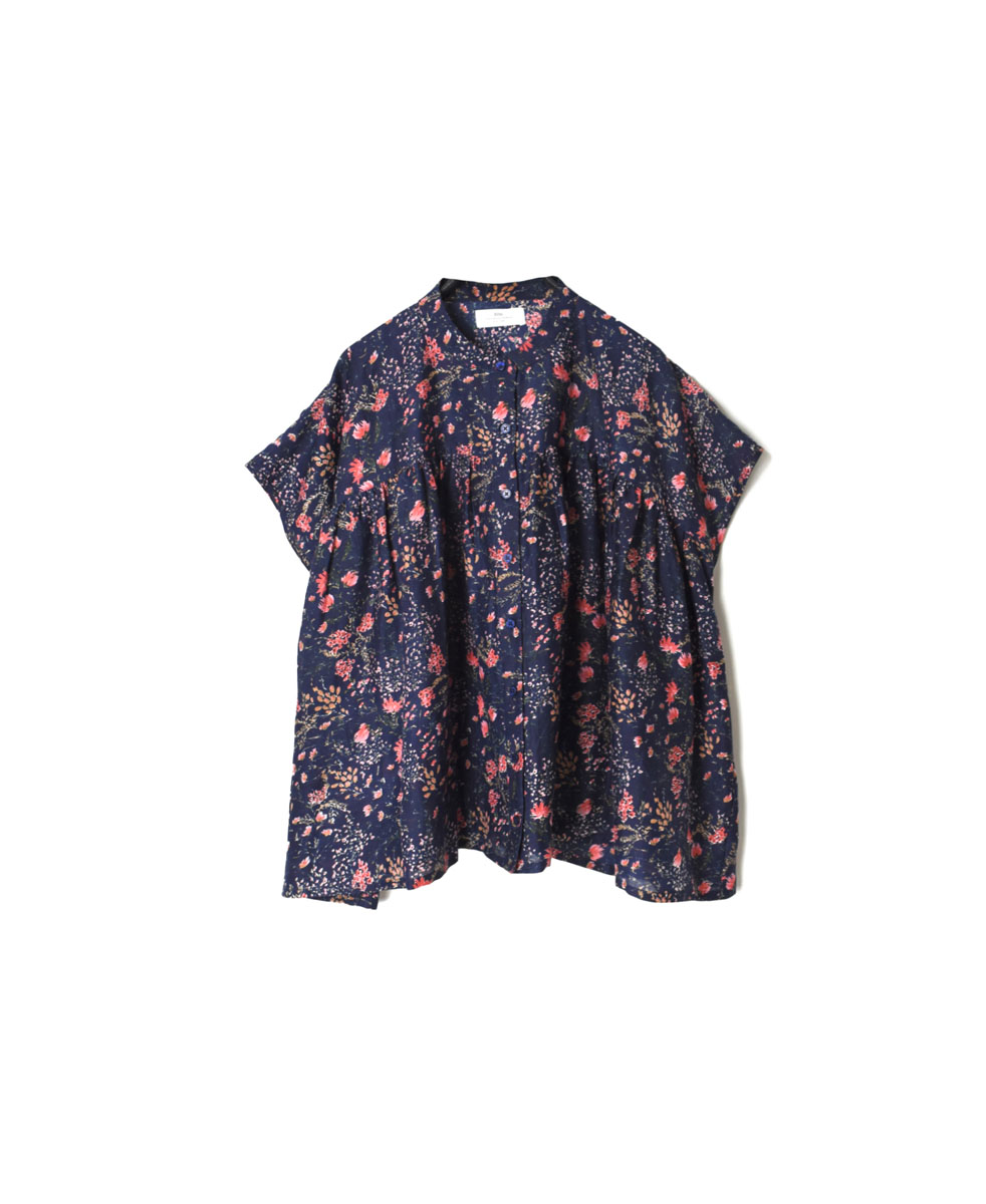 NSL22062 COTTON SILK FLOWER PRINT BANDED COLLAR GATHERED SHIRT