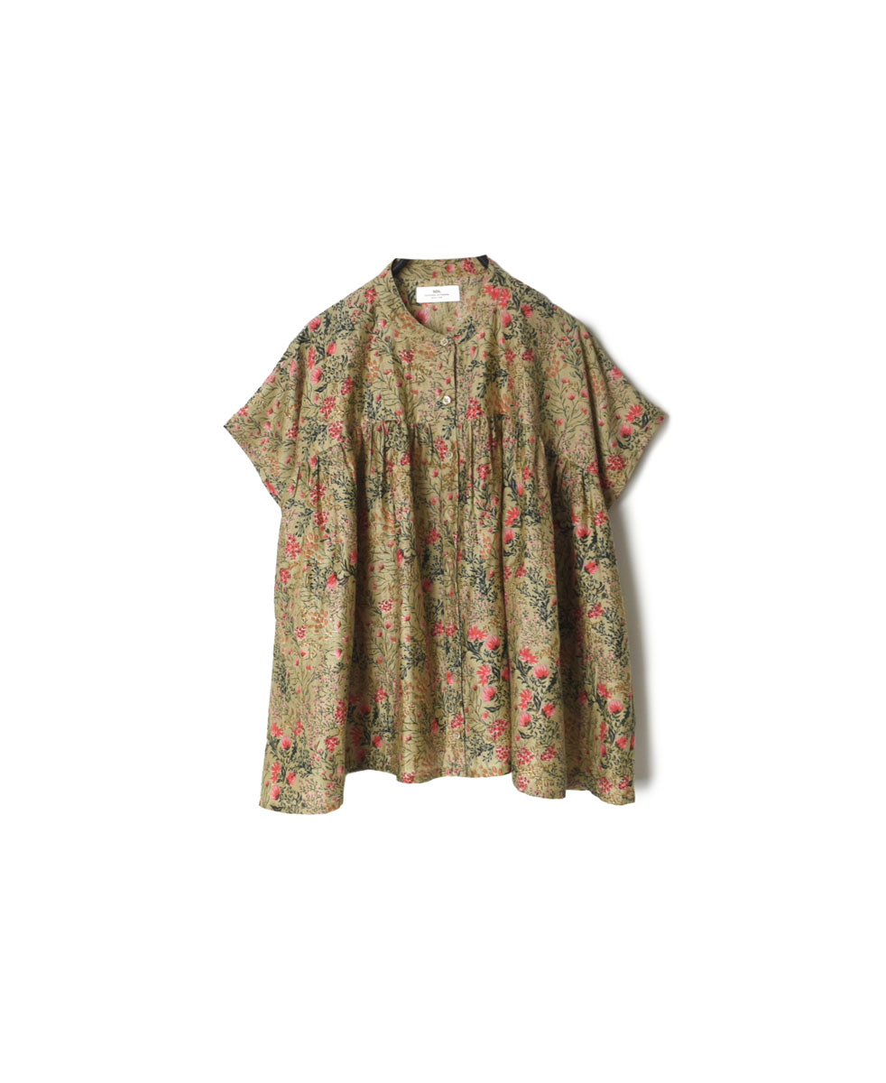 NSL22062 (シャツ) COTTON SILK FLOWER PRINT BANDED COLLAR GATHERED SHIRT