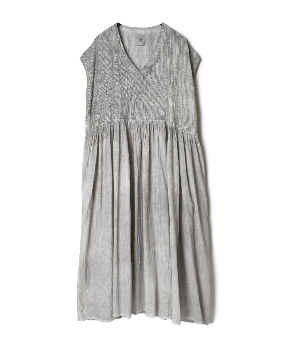 NMDS22112H (ワンピース) 80’S ORGANIC VOILE STRIPE (HANDDYE) MINI PINTUCK FRENCH/SL V-NECK DRESS